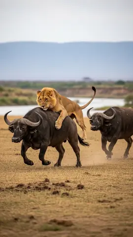 Lion's INSANE Leap of Faith onto a Charging Buffalo! 🤯  #Lion #Buffalo #LionAttack #KingOfTheJungle #NatureIsMetal