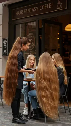 ✨☕ At Hair Fantasy Coffee the magic never ends! The girls finish their coffee, stand up, and leave… but wait 👀 Just when you think the show is over, a mysterious woman with unbelievably long hair walks by, stealing the spotlight! 🌟💇‍♀️ Because here, even the exit scene has extra volume 😏💫 #HairFantasy #LongHairGoals #AI #HairFlip #CoffeeAndCurls  