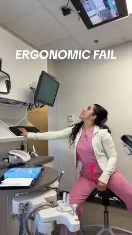 This is what not ergonomic looks like.  Dental hygienists, and really all dental professionals, spend hours every day in awkward postures: reaching, twisting, bending, and holding still while working on patients. Over time, that takes a toll. Many of us suffer from chronic neck, back, and shoulder pain, and some even develop long-term injuries that cut careers short. A big part of the problem comes from how operatories are set up. When the computer, keyboard, or equipment are placed too high or too far away, we end up forcing our bodies into positions like this just to get the job done. Yes, I could’ve moved the keyboard in this moment, but this is just one example of the many operatories that aren’t designed with ergonomics in mind. And if the setup isn’t right, the strain adds up , day after day, year after year. Ergonomics isn’t just about comfort. It’s about protecting our health so we can keep doing this work without breaking down our bodies. #dentalprofessionals #dentaltok #ergonomics #injuryprevention #hygienistoftiktok 