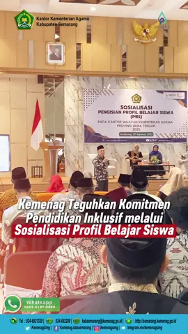 – Salam #SedulurKemenag Kepala Kankemenag Kab. Semarang, H. Ta’yinul Biri Bagus Nugroho, menghadiri Sosialisasi Profil Belajar Siswa (PBS) di Kanwil Kemenag Jateng, Rabu (27/8/2025). Didampingi Bunda Inklusi Kab. Semarang Hj. Lu’lu’ul Sholikhah Bagus Nugroho dan Kasi Penma H. Harun Al Rasyid, Kakan berbagi praktik pendidikan inklusif yang sudah berjalan di madrasah Kab. Semarang, termasuk peran aktif Forum Pengajar Madrasah Inklusif (FPMI) serta keberadaan Unit Layanan Disabilitas (ULD) satu-satunya di jajaran Kankemenag Jawa Tengah. #ProfilBelajarSiswa #MadrasahInklusif #KemenagSemarang #PBS2025 #FPMI #ULD #MadrasahHebatBermartabat #PendidikanInklusif #KemenagJateng