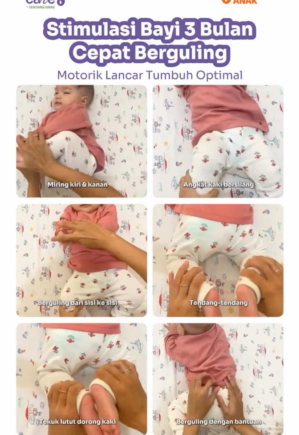 Save & share!💜 Tummy Time = Investasi kekuatan bayi 💪🐣 Bisa dimulai sejak kapan? Moms bisa mulai 2–3 kali sehari, cukup 3–5 menit sejak pulang dari rumah sakit. Seiring bertambah usia, perlahan tingkatkan sampai 15–30 menit per hari di usia 7 minggu. Tips tummy time lebih menyenangkan untuk si Kecil: ✨ Letakkan mainan sedikit di luar jangkauan si Kecil ✨ Berbaring dan letakkan bayi di dada ✨ Ajak kakak/saudara bermain bersama di lantai Sebelum tummy time, pijat lembut dengan Calming Rub untuk menghangatkan otot dan bikin si Kecil lebih rileks. Tummy time jadi lebih nyaman, mood pun happy seharian! #tummytime #calmingrub #pijatbayi 