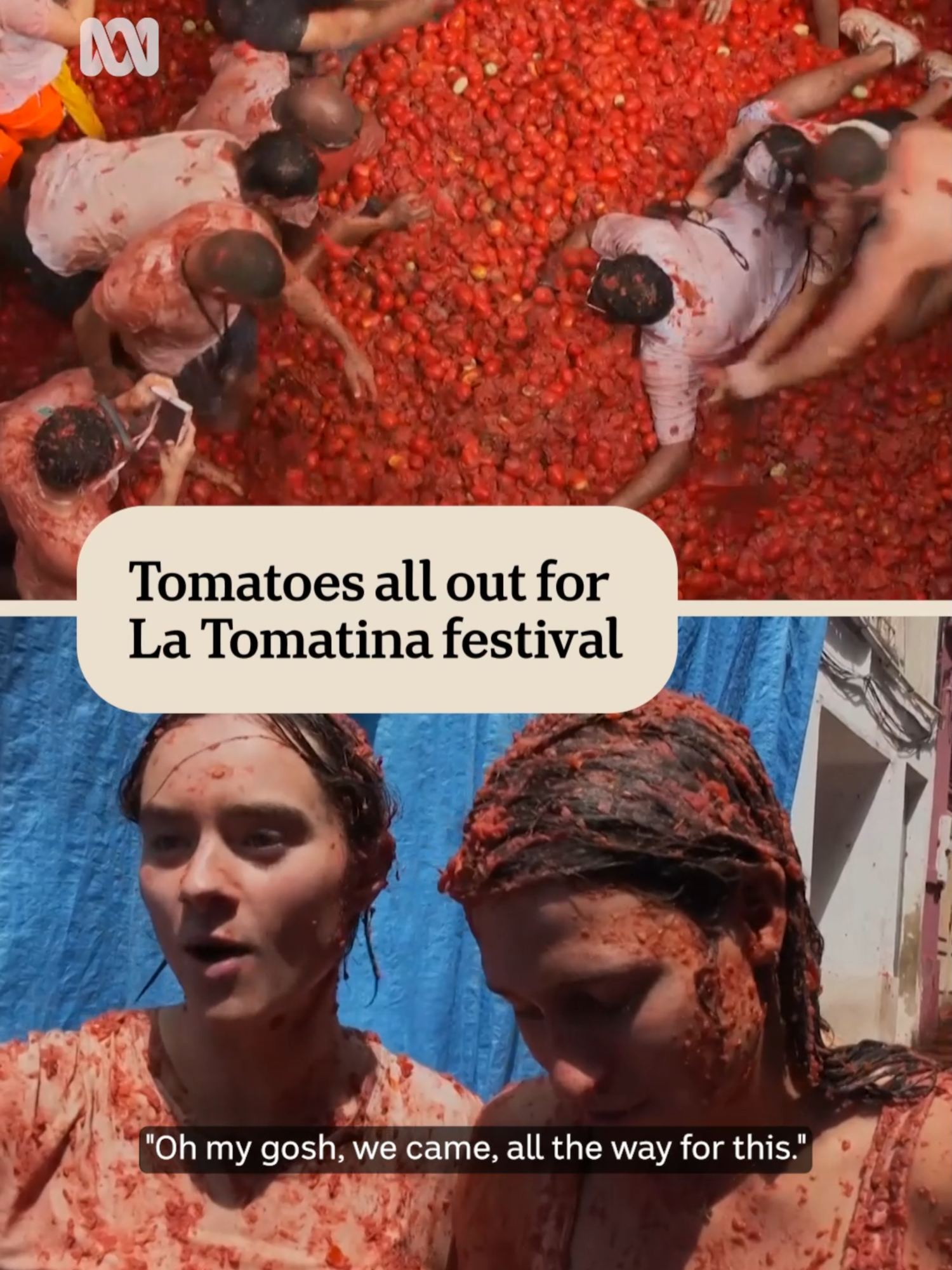 Revellers travelled from near and far to Bunol, rejoicing as they got showered in tomato purée during Spain's annual food fight festival Tomatina.  Original reporting by Reuters. Social version by David Douglas Stuart for ABC News Digital. To personalise your news & stay in the know, download the ABC News app via the link our bio. #ABCNews #Europe #FoodFight