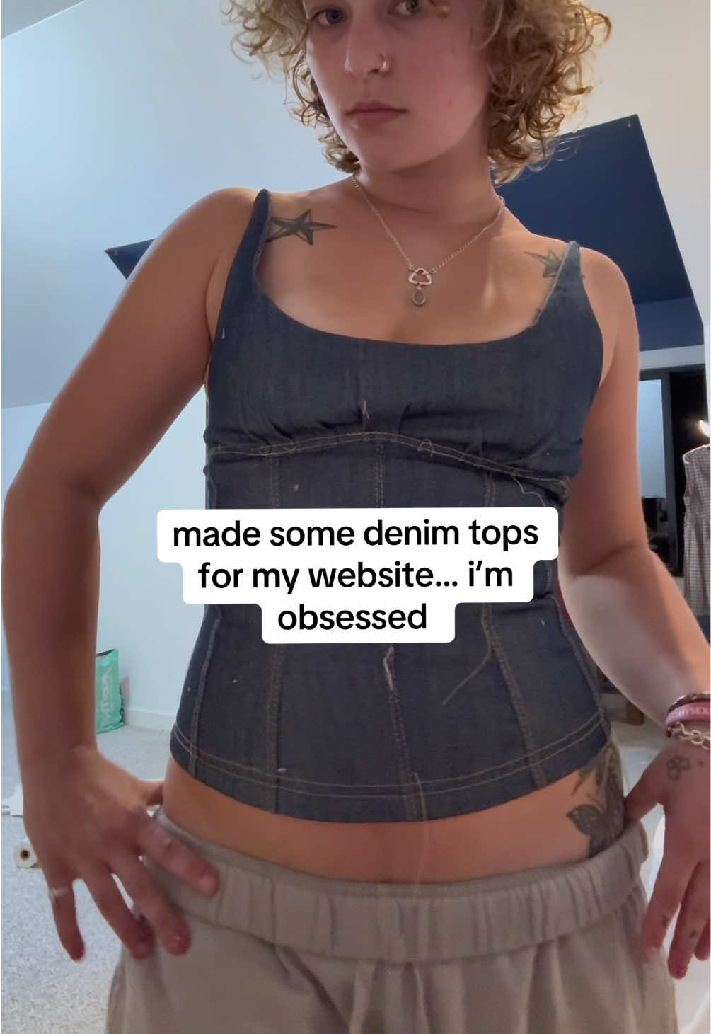 hot off the machine… get ready for these to be my whole personality for the week. also who wants one 😻🙏 u want it sooo bad #sewing #denim #corset #upcycle #fashiondesign