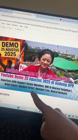 Bagaimana suara publik di YouTube menanggapi Demo 25 Agustus 2025 di Gedung DPR? 🔥 Dari 16.000 komentar yang berhasil dikumpulkan, dilakukan analisis sentimen menggunakan berbagai algoritma machine learning—mulai dari SVM, KNN, Naive Bayes, Random Forest, Decision Tree, hingga Neural Network—untuk memetakan apakah komentar warganet cenderung positif, negatif, atau netral #dpr #demo 