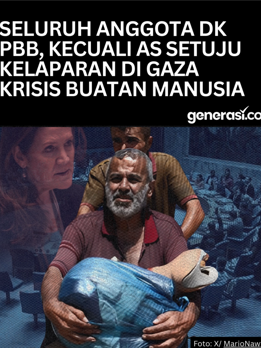 Sebanyak 14 anggota Dewan Keamanan PBB, kecuali Amerika Serikat, menyatakan kelaparan di Gaza sebagai “krisis buatan manusia”.  Mereka mengingatkan bahwa penggunaan kelaparan sebagai senjata perang dilarang oleh hukum humaniter internasional.  Dalam pernyataan bersama, mereka mendesak gencatan senjata permanen, pembebasan semua sandera, peningkatan signifikan bantuan kemanusiaan, serta pencabutan seluruh pembatasan pengiriman bantuan oleh Israel. Menurut sistem klasifikasi ketahanan pangan (IPC), sekitar 514.000 warga Gaza atau hampir seperempat populasi mengalami kelaparan, dan angka ini bisa meningkat menjadi 641.000 pada akhir September. Namun, Israel menolak temuan tersebut, menyebutnya tidak akurat dan bias karena didasarkan pada data parsial yang sebagian besar diberikan oleh Hamas, serta mengabaikan masuknya bantuan baru-baru ini. Dalam pertemuan DK PBB, pejabat sementara AS untuk PBB, Dorothy Shea, mempertanyakan kredibilitas laporan IPC dengan menyatakan bahwa laporan tersebut “tidak lolos uji.” Meski begitu, ia mengakui bahwa kelaparan dan kebutuhan kemanusiaan di Gaza merupakan masalah serius yang menjadi prioritas bagi Amerika Serikat untuk diatasi. #gaza #kelaparan #generasico