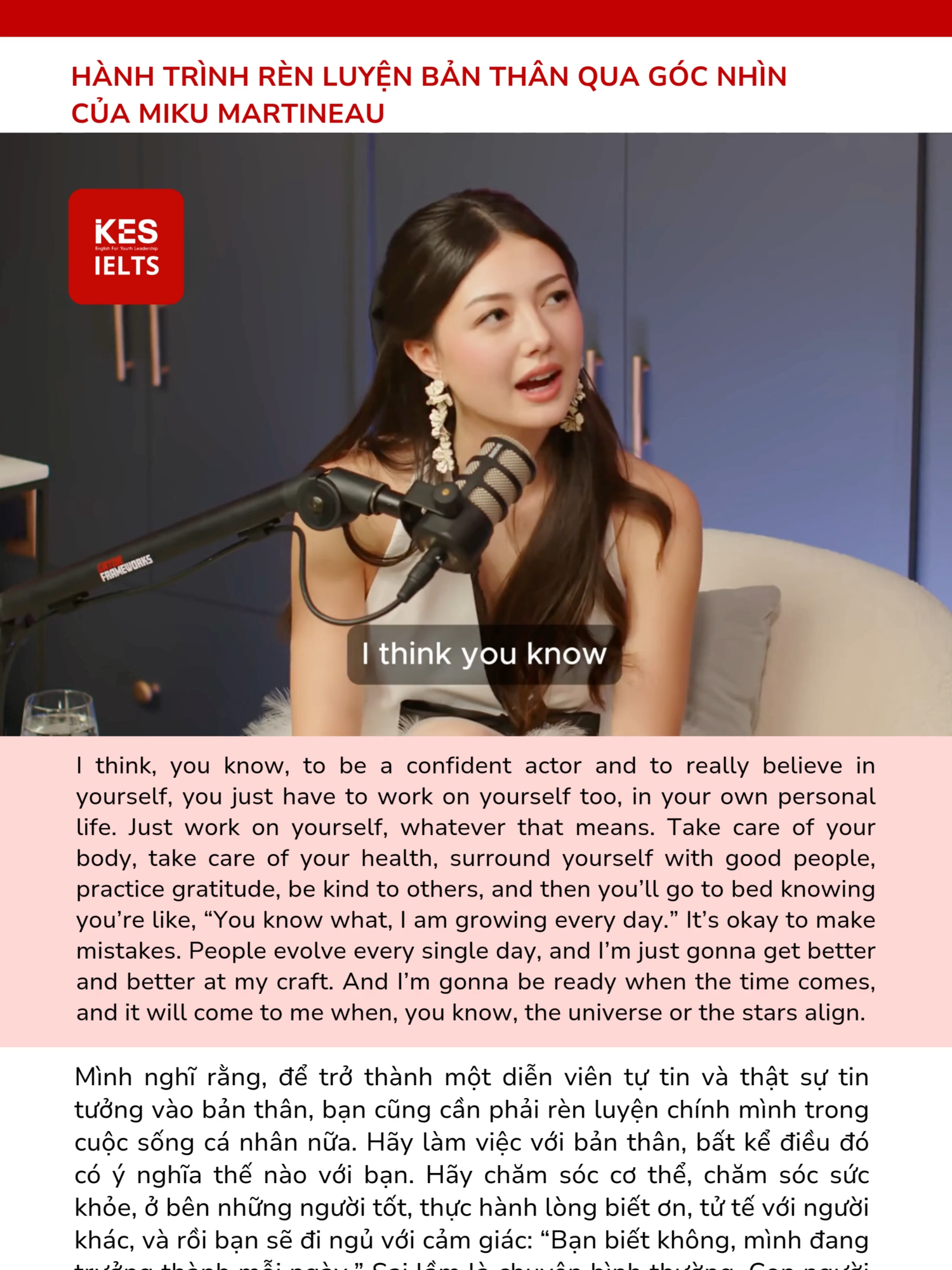 Hành trình rèn luyện bản thân qua góc nhìn của Miku Martineau #ieltsikes #IELTSIKES #ikesstudy #trending #viraltiktok #xuhuong #xuhuongtiktok #practice #shadowing #listening #english #StudyTips #IKESSTUDY #ilovetiktok #IKESENGLISH #ikesenglish #studyenglish #speakingenglish #LearnOnTikTok #studygram #hoctienganhcungnguoinoitieng #nguoinoitieng #mikumartineau #idol #listening