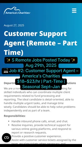 💻 America’s Charities is hiring a Customer Support Agent — part-time, remote, $18–$23/hr ✨ Flexible evening hours, seasonal Sept–Jan, with chance to go permanent! 👉 Want the direct links to apply to ALL 5 remote jobs posted today? Comment “info” on any of them and I’ll send them over! #wfh #workfromhome #remotework #remotejobs #remote 
