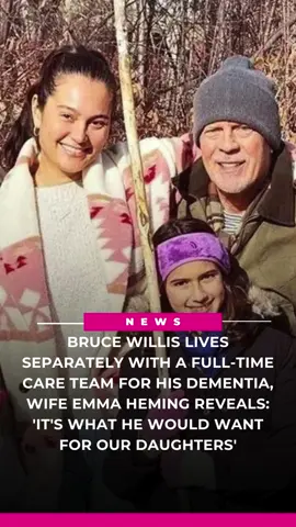 Bruce Willis' wife, Emma Heming, revealed she doesn't live with the actor 24/7 so he can get the care he needs for frontotemporal dementia. On Emma and Bruce Willis: The Unexpected Journey – A Diane Sawyer Special, which aired on Tuesday, August 26, the mother-of-two explained he resides in another home with full-time aides that is located close to the one she lives in with their two daughters, Mabel, 13, and Evelyn, 11. Link in bio for more details. (📸: MEGA/INSTAGRAM)