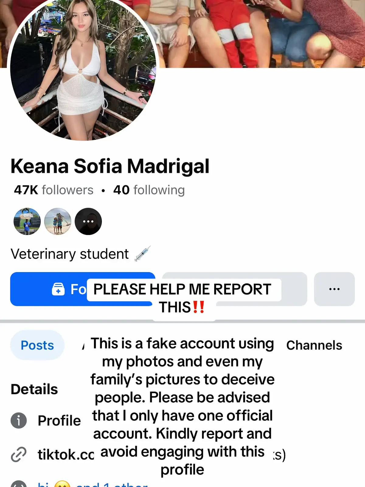 This is a fake account using my photos and even my family’s pictures to deceive people. Please be advised that I only have one official account. Kindly report and avoid engaging with this profile
