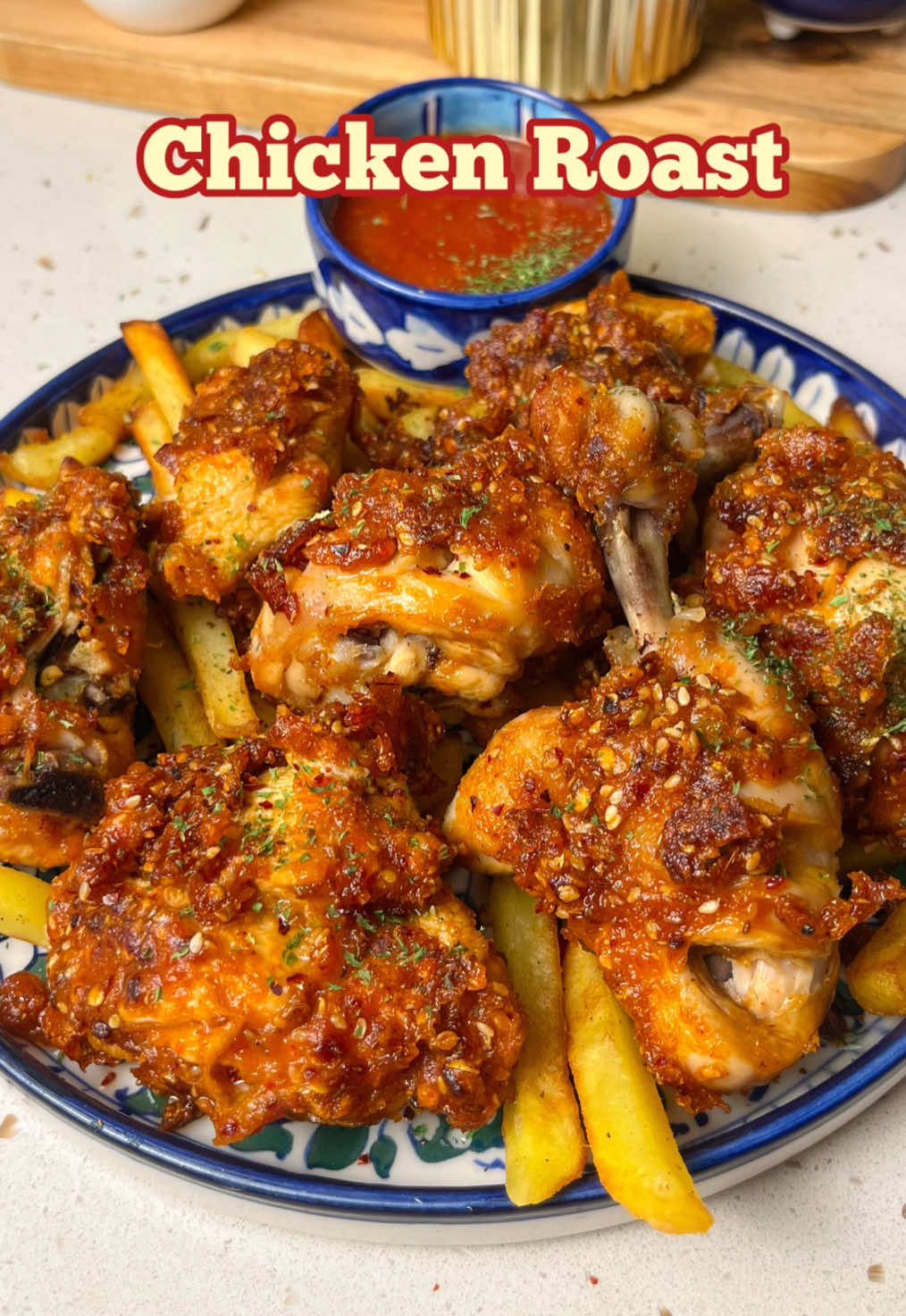 Chicken Roast INGREDIENTS: 1kg Chicken 1 tbsp chili flakes 2 tbsp coriander and cumin (crushed) 1 tbsp salt 1 tbsp paprika powder  1 tsp garlic powder  1 tbsp coriander powder  1 tbsp cumin powder  1 tbsp ginger garlic paste 1 tbsp lemon juice  3 tbsp corn flour 1 tbsp sesame seeds Method: Dip the chicken in half cup vinegar, 1 tbsp salt ,1 tbsp lemon juice and 5 cups water , leave for 30 min or overnight. Drain the water and wash the chicken. Add all the mentioned spices, mix and coat well. Heat Oil, deep fry chicken for 8-10 minutes at medium high flame and Do not touch it. Then cover and let it cook another 10 min.  Uncover flip sides, cook 4-5 min and its done. Serve with fries, rice or roti. Sprinkle some Chaat masala and lemon juice. Enjoy.  #roast #trending #viral #chicken #fypシ゚ 