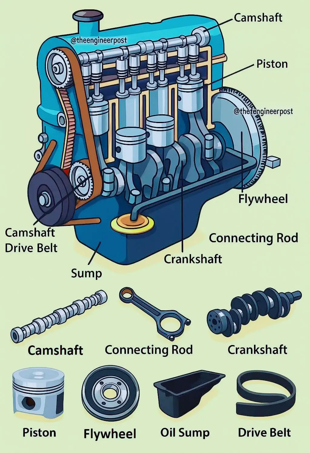 “Ini adalah salah satu diagram bahagian dalam enjin kereta 🚗. Setiap part ada fungsi penting tanpa salah satu, enjin tak boleh hidup. Dari piston, crankshaft, Gearbox , altenator , Brake Dan camshaft sampai gasket semua main peranan dalam kuasa & prestasi kereta. 👉 Nak belajar lebih banyak pasal engine repair, overhaul, dan penjagaan kereta, follow mechaniq⚙️ #DiagramEngine #OverhaulEnjin #Toyota #EngineRepair #MechanicTips 