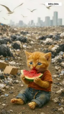 Made fun of the poor cat because he ate the watermelon thrown away #BRILORA #shorts #aicat #poorcat #sadcat   