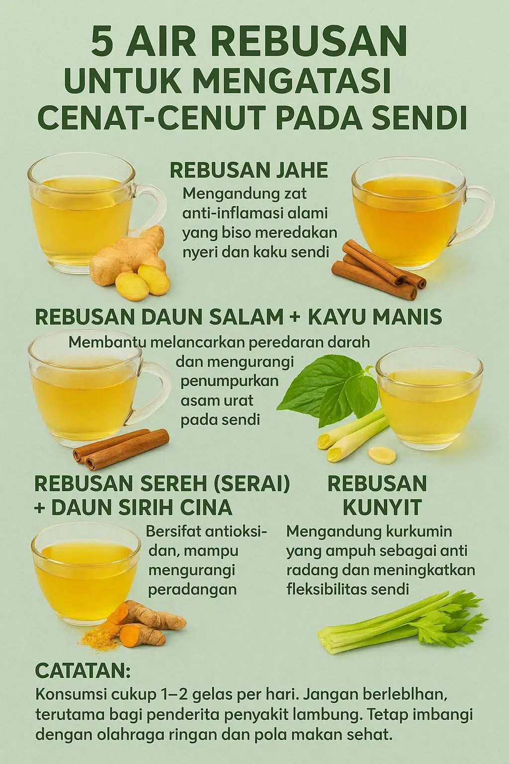 Yang sendinya suka cenat cenut wajib save‼️ 🌿 5 Air Rebusan untuk Mengatasi Cenat-Cenut pada Sendi 1. Rebusan Jahe Bahan:  • 3 ruas jahe segar (geprek)  • 500 ml air Cara membuat:  1. Rebus jahe dalam 500 ml air hingga mendidih.  2. Biarkan mendidih 10 menit hingga air berubah kekuningan.  3. Saring dan minum hangat 1–2 kali sehari. ⸻ 2. Rebusan Daun Salam + Kayu Manis Bahan:  • 7 lembar daun salam  • 1 batang kayu manis (atau ½ sdt bubuk kayu manis)  • 600 ml air Cara membuat:  1. Masukkan daun salam dan kayu manis ke dalam air.  2. Rebus hingga tersisa sekitar 300 ml.  3. Minum hangat pagi atau sore. ⸻ 3. Rebusan Sereh (Serai) + Daun Sirih Cina Bahan:  • 2 batang serai (geprek)  • 5 lembar daun sirih cina segar  • 500 ml air Cara membuat:  1. Rebus serai bersama daun sirih cina dalam air.  2. Biarkan mendidih 10–15 menit.  3. Minum hangat setengah gelas, 2 kali sehari. ⸻ 4. Rebusan Kunyit Bahan:  • 3 ruas kunyit (iris tipis)  • 600 ml air  • Bisa tambahkan madu sebagai pemanis alami Cara membuat:  1. Rebus kunyit dalam air hingga tersisa 300 ml.  2. Saring, lalu minum hangat.  3. Konsumsi 2–3 kali seminggu. ⸻ 5. Rebusan Seledri Bahan:  • 1 genggam daun seledri segar  • 500 ml air Cara membuat:  1. Cuci bersih daun seledri lalu rebus dalam air.  2. Didihkan 10 menit, lalu saring.  3. Minum hangat, cukup 1 gelas per hari. ⸻ ⚠️ Catatan Penting:  • Minum cukup air putih setelah mengonsumsi rebusan agar racun lebih cepat keluar.  • Tidak dianjurkan untuk ibu hamil/menyusui tanpa konsultasi dokter.  • Jika nyeri sendi semakin parah, segera periksa ke tenaga medis. #fomo #kesehatanalami #infokesehatan #soundviral #kesehatan #semogabermanfaat😇🙏 #tipssehat #kesehatanwanita #ResepDokterZainalAkbar #SehatAlami #TikTok夏日音樂節 