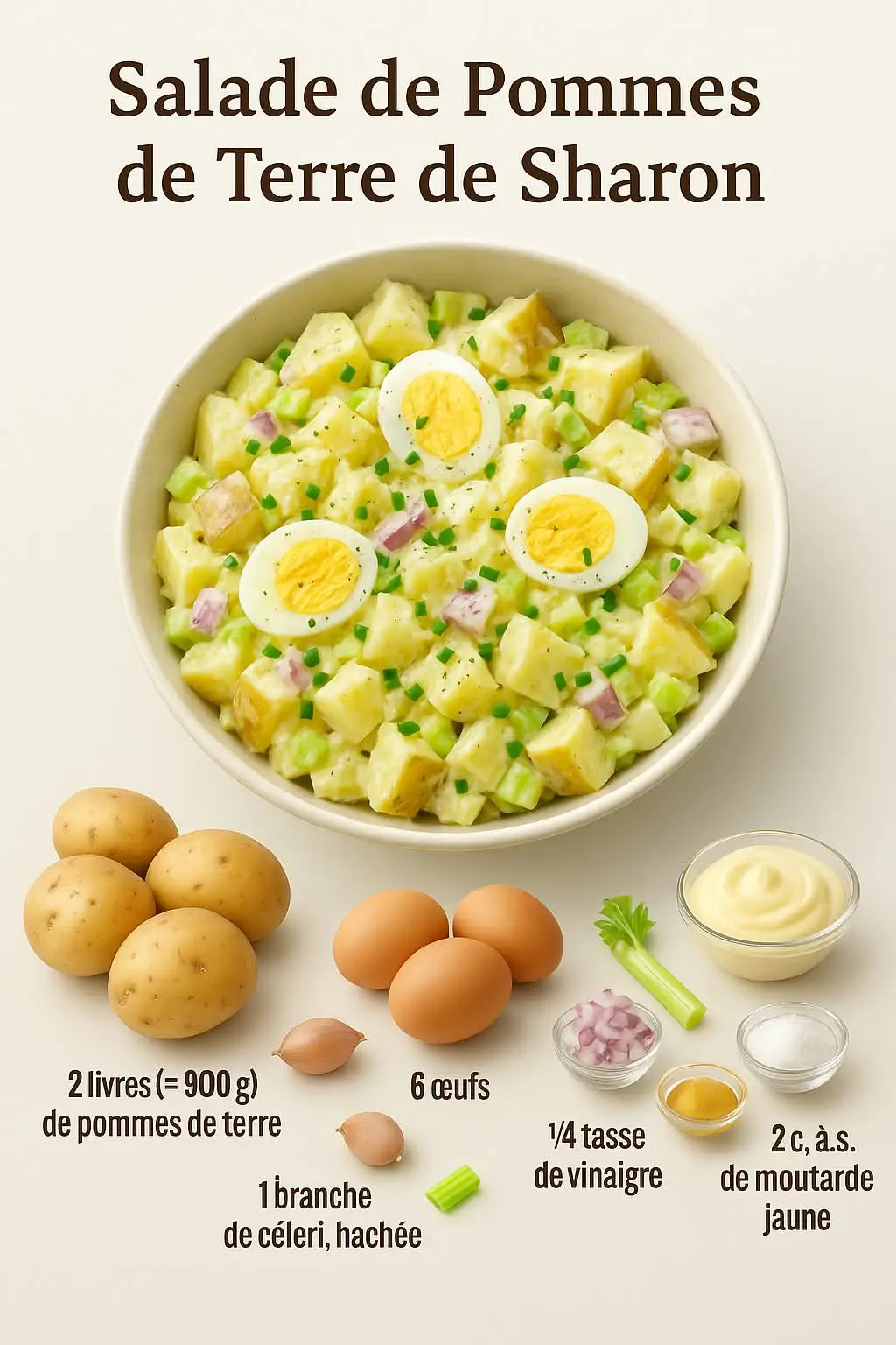 🥔🥚🌿🍴 Salade de Pommes de Terre de Sharon Une recette conviviale, simple et gourmande, parfaite pour les repas en famille ou les pique-niques d’été. Cette salade associe pommes de terre tendres, œufs durs et sauce crémeuse, relevée d’une touche d’acidité et de douceur. ⏱️ Temps Préparation : 20 min Cuisson : 20 min Repos : 1 h au frais Portions : 6 personnes 🛒 Ingrédients 2 livres (≈ 900 g) de pommes de terre 6 œufs 1 oignon, haché 1 branche de céleri, hachée 1 tasse de mayonnaise 1/4 tasse de vinaigre 1/4 tasse de sucre 2 c. à s. de moutarde jaune Sel et poivre, au goût 👩‍🍳 Préparation Faites cuire les pommes de terre entières dans l’eau bouillante salée (15-20 min). Égouttez, rafraîchissez à l’eau froide, pelez et coupez en cubes. Faites cuire les œufs dans l’eau bouillante (10-12 min). Rafraîchissez, écalez et hachez-les. Dans un grand saladier, mélangez les pommes de terre, les œufs, l’oignon et le céleri. Dans un bol, préparez la sauce : mayonnaise, vinaigre, sucre, moutarde, sel et poivre. Incorporez au mélange précédent. Réfrigérez au moins 1 h avant de servir pour que les saveurs s’imprègnent. 🌟 Conseils & Astuces Refroidir les pommes de terre sous l’eau froide pour stopper la cuisson et préserver leur tenue. Parsemez de ciboulette ou de persil frais juste avant de servir. Préparez la salade la veille : les saveurs se développent encore mieux. Version légère : remplacez une partie de la mayonnaise par du yaourt grec. 🍽️ Suggestions Ajoutez des poivrons, des petits pois ou des cornichons pour plus de couleur et de croquant. Pour un goût plus acidulé, ajoutez quelques câpres. Servez avec des grillades, des sandwichs ou une soupe légère. ✨ En conclusion : La Salade de Pommes de Terre de Sharon est plus qu’un simple accompagnement — c’est un plat généreux qui respire la convivialité et les bons moments partagés.