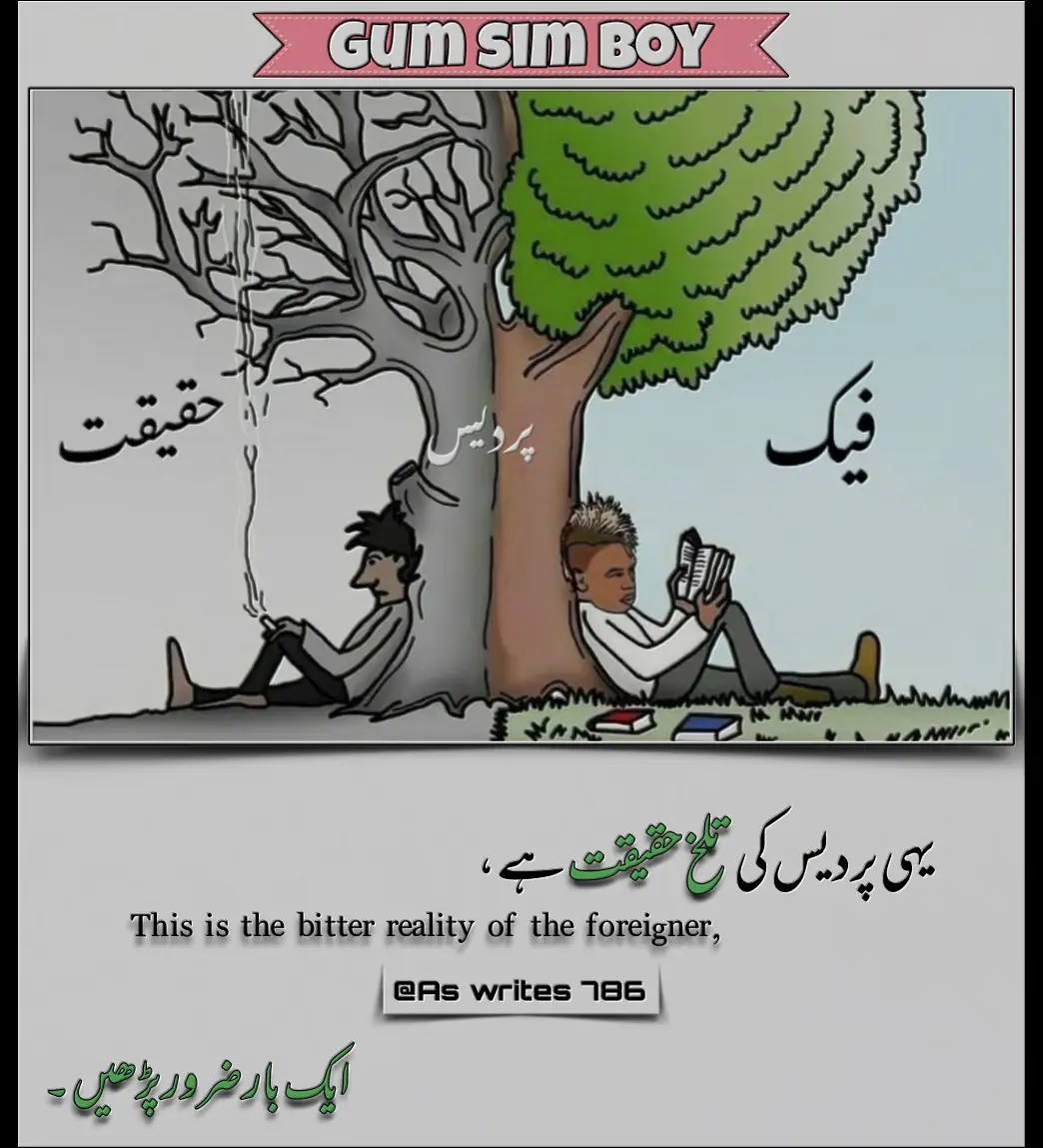 #؄سائیں  💔😓👇 یہی پردیس کی تلخ حقیقت ہے، جہاں لوگ ہمیں صرف رنگین تصویریں دکھاتے ہیں—روشنیوں میں ڈوبا ہوا شہر، اونچی عمارتیں، چمکتی گاڑیاں، اور ہر طرف سہولتوں کی فراوانی۔ مگر حقیقت کا دوسرا رخ کوئی نہیں بتاتا۔ وہ رخ جہاں ایک انسان اجنبی زمین پر دن رات کڑھتا ہے، تنہائی کی سولی پر لٹکتا ہے۔ دن مزدوری میں کٹتے ہیں اور راتیں دیس کی یاد میں آنسو بہاتے گزرتی ہیں۔ یہاں ہر مسکراہٹ کے پیچھے تھکن چھپی ہوتی ہے، ہر کامیابی کے پیچھے جدائی کا دُکھ ہوتا ہے۔ پردیس کا یہ درد وہی سمجھ سکتا ہے جو رات کے سناٹے میں ماں کی آواز کو ترستا ہے، بچوں کی ہنسی کو یاد کر کے ٹوٹ جاتا ہے، اور ایک فون کال کے لیے دل کو سہارے دیتا ہے۔ پردیس کبھی خوابوں کی جنت نہیں ہوتا۔ یہ قربانیوں کا صحرا ہے، جہاں خوشحالی کی قیمت اپنوں سے جدائی، دل کی تنہائی اور آنکھوں کی نمی سے چکانی پڑتی ہے۔ اصل حقیقت یہ ہے کہ پردیس انسان کو زندہ رکھتا ہے، لیکن جیتے جی اندر سے مار دیتا ہے۔۔۔ 🥀