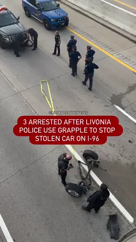 JUST IN 🚨: All lanes of westbound I-96 near Merriman are back open after police stopped a stolen car early this morning in Livonia. MSP, Livonia Police followed a stolen vehicle and used their new “grappler” technology to stop the car. The grappler works by securing a fleeing vehicle’s rear tire with a heavy-duty net, tethering it to the patrol car. Three people were arrested, and the investigation is ongoing.