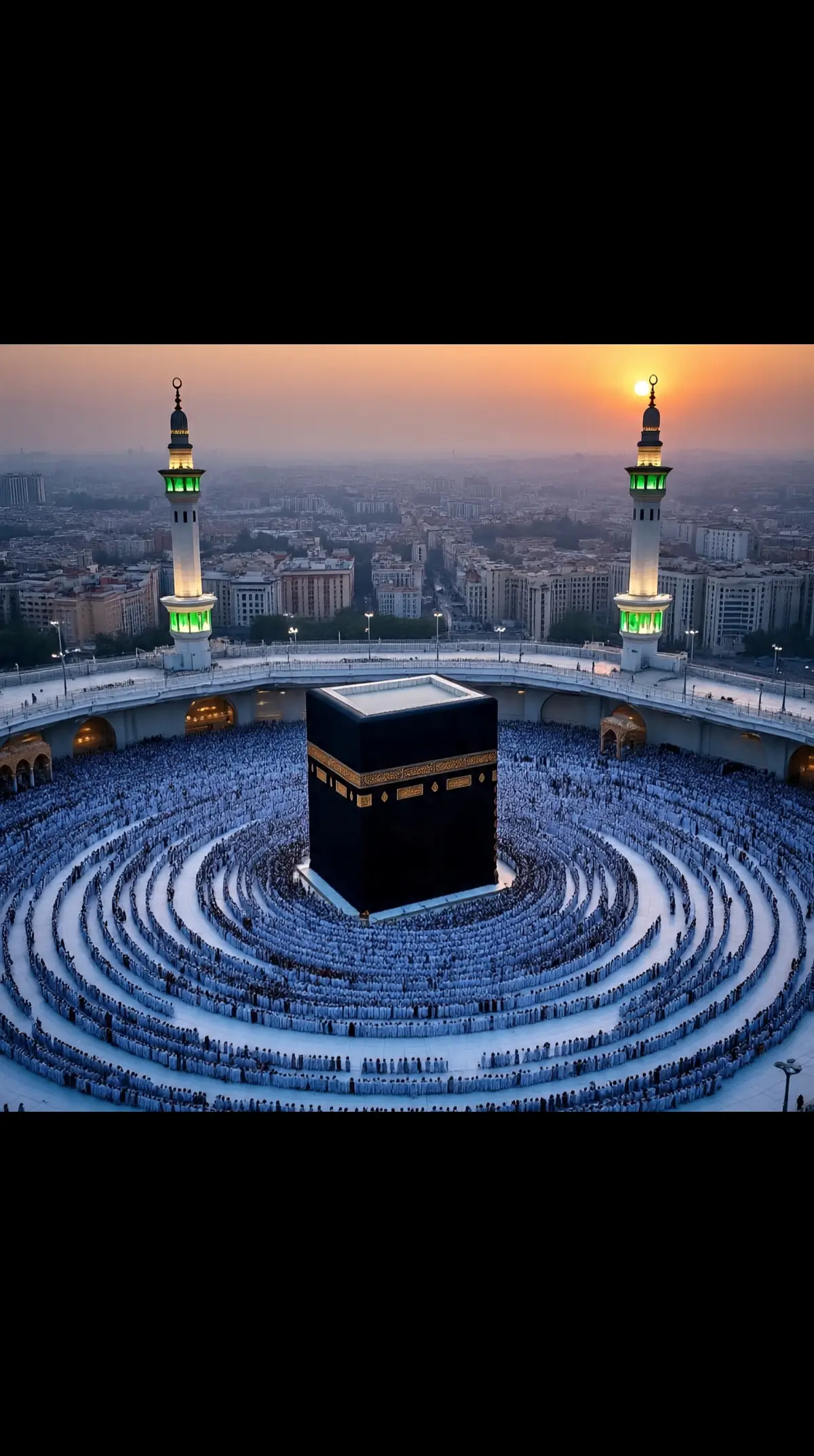 This image captures the majestic beauty of Masjid al-Nabawi, the Prophet's Mosque, located in the holy city of Madina. The iconic green dome marks the resting place of the Prophet Muhammad (PBUH). Surrounded by elegant minarets, the mosque's stunning architecture is illuminated under a clear blue sky. The expansive marble courtyard reflects the soft sunlight, creating a serene and spiritual atmosphere. Pilgrims are seen peacefully walking and praying, symbolizing the unity and devotion of Muslims from around the world. This sacred site is not only an architectural masterpiece but also a place of deep reverence and tranquility.