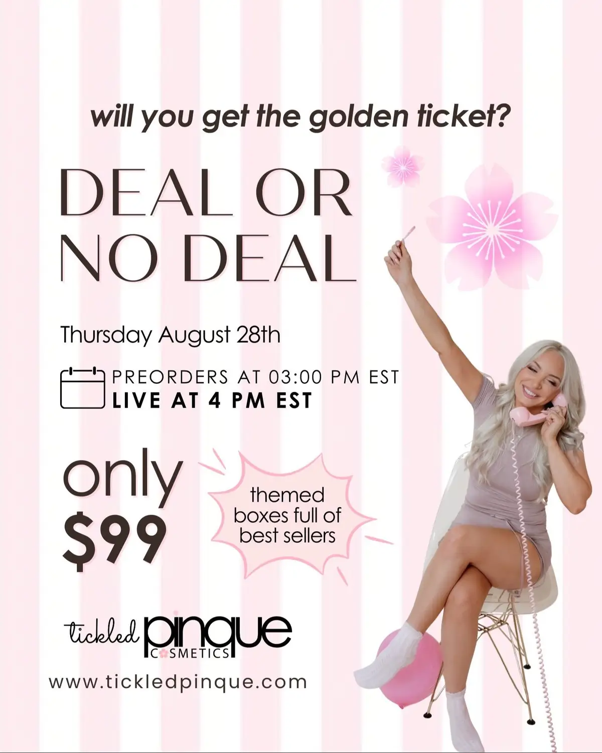🎉💖 DEAL OR NO DEAL IS BACK!!! 💖🎉 Our once-a-month, major sell-out event is happening TODAY and it’s going to be WILD 😱🎀 🎲 $99 Themed Boxes 📞 Will the dealer call and ask you to make a deal?! 👀✨ 💌 Pre-order opens at 3 PM EST 🎥 Live chaos begins at 4 PM EST on TikTok And bestie… the Golden Ticket Prizes this round are NEXT LEVEL 👑: ✨ Pinque LED Lamp ✨ E-File ✨ 2 x $100 Gift Cards ✨ Halloween Nail Art Kit 🎃💅 ✨ Tickled Pinque Sweater Twists, turns, swaps, screams - THIS is the PINQUEST game show you’ll ever play 🎀💖 Are you in… or are you out?! 👇