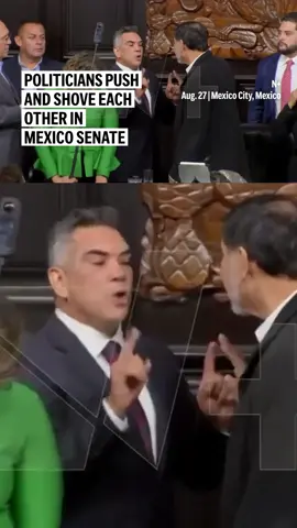 Tempers flared in Mexico's Senate Wednesday when PRI leader Alejandro ‘Alito’ Moreno Cárdenas and Senate President Gerardo Fernández Noroña of the Morena party shoved each other during a disagreement. The clash began after Moreno said he wasn’t given the floor. #mexico #senate #fight