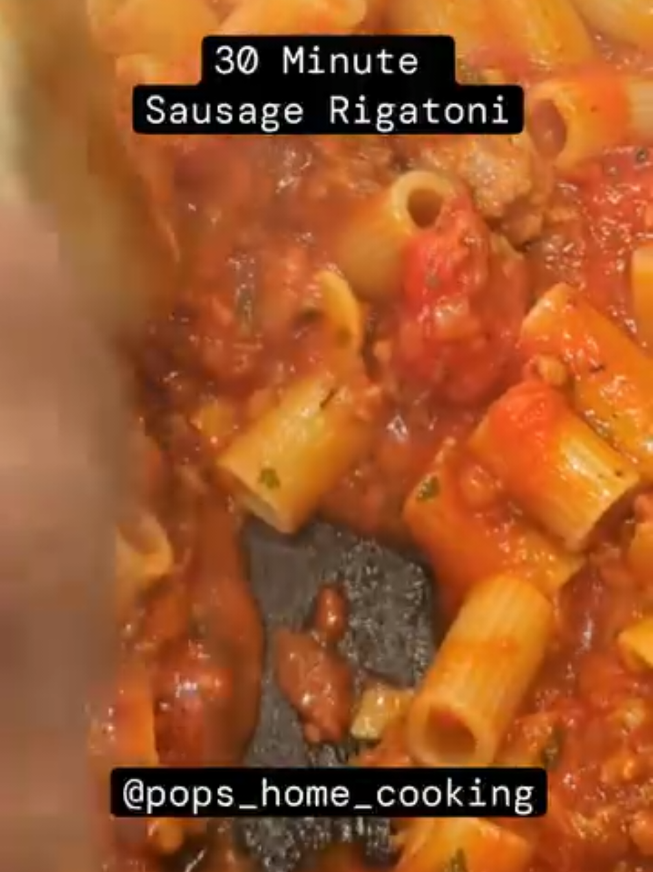 Pops' 30 Minute Sausage Rigatoni INGREDIENTS: 2 Links of good Italian sausage  1 28 oz. can of San Marzano tomatoes  2 Large cloves of garlic, sliced thin  1/4 large onion diced 1/4 cup of finely chopped Italian parsley  8-10 large basil leaves.  1 Calabrian chili diced (optional) 3 tablespoons of extra virgin olive oil  1 teaspoon of Italian spices Salt and pepper to taste 1/4 Cup of grated Pecorino Romano cheese 10 ounces of rigatoni pasta (note: I only used 6 ounces to cut the carbs but there was definitely enough sauce 10)  DIRECTIONS: - Get a large pot of water boiling  - Saute the onion and calabrian chili in the olive oil on a low flame for about 2-3 minutes  - Add the sausage and and brown it for a few minutes - Add the garlic and continue browning and chopping the meat  -Add 1 teaspoon of salt to the boiling water and put the pasta in - When the meat is browned, add the tomatoes. Chop them with a flathead wooden spoon or hand crush them prior to putting them in  - Add the basil, parsley, cheese, salt, pepper, Italian spices, and stir well  -Let simmer on low while the pasta cooks, stirring occasionally  - Take the pasta out 2 minutes before the directions call for it.  Put pasta in the sauce and stir  - Keep stirring for a couple minutes to let the pasta finish cooking  -After plating, garnish with hand torn basil and heated Pecorino Romano cheese Enjoy!  TV #fyp #foryou #viral #Recipe #cooking       