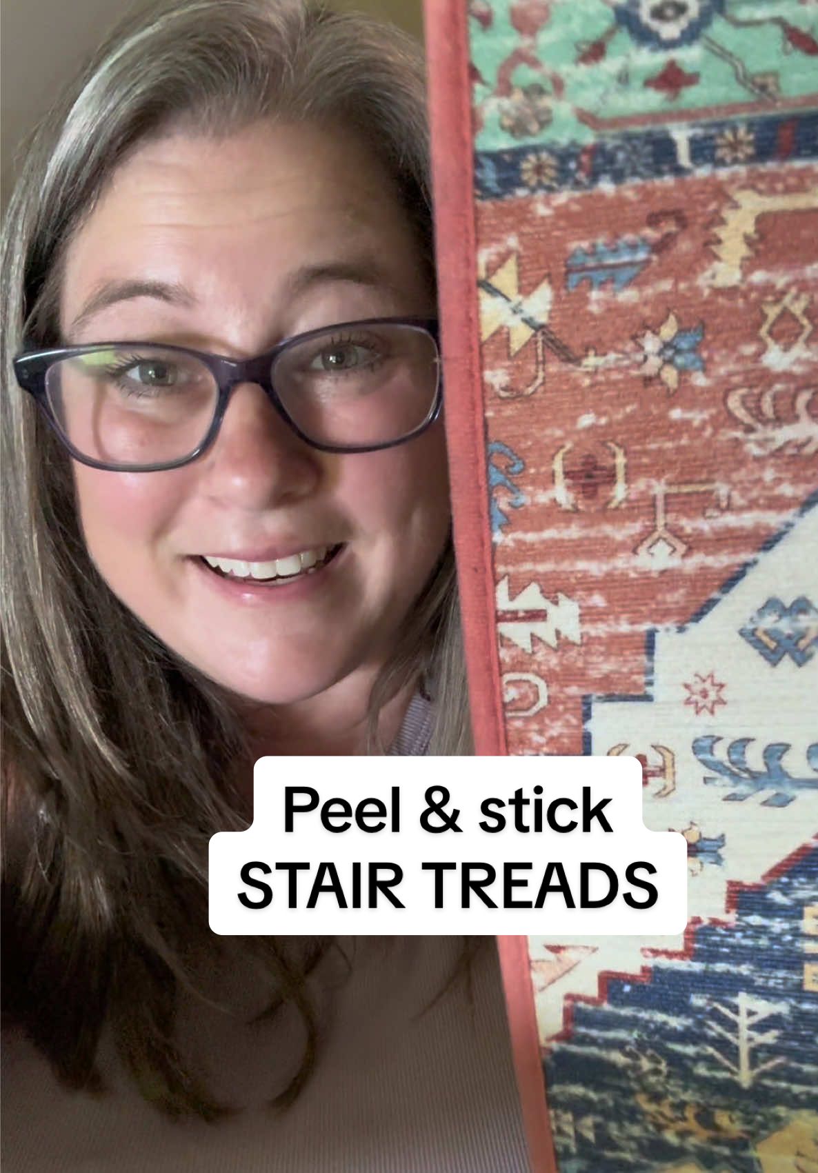 Peel and stick carpet treads for your wood stairs. Also, works on any smooth surface. You get 15 8X30 treads. #homedecorideas #rugsoftiktok #washablerugs #rugs #woodfloors @HEBE 