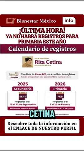 🚨‼️ ¡ÚLTIMA HORA! 📢 El Gobierno acaba de anunciar un cambio importante en la beca Rita Cetina. ❌ Este año YA NO HABRÁ registros para PRIMARIA. ✅ El registro de septiembre será solo para SECUNDARIA. 📅 Para PRIMARIA el registro se pospone hasta 2026. 👉 Checa todos los detalles en el enlace de mi perfil. ##BecaRitaCetina##BienestarMéxico##Becas2025##Primaria#Secundaria