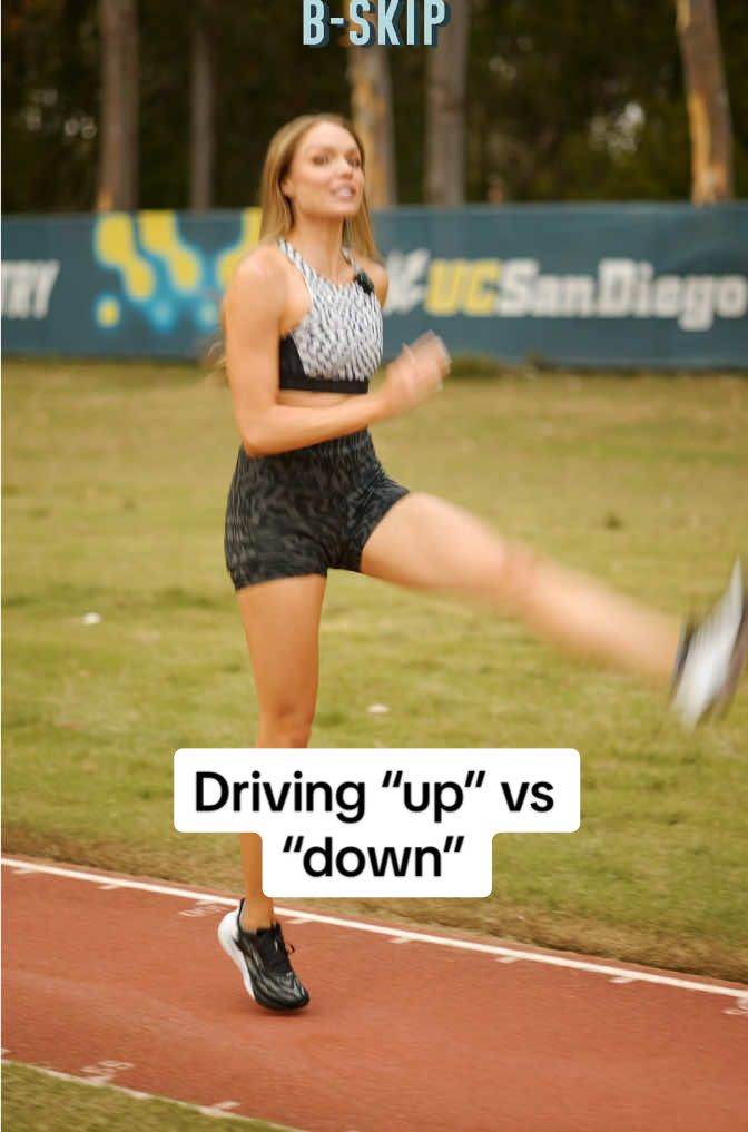 Driving “Up” vs “Down” This is a question I get asked and I thought I would just show you the difference using drills. ✨ next time you run, warm up doing these drills and give this a try, then when you are running, see if it translates! 
