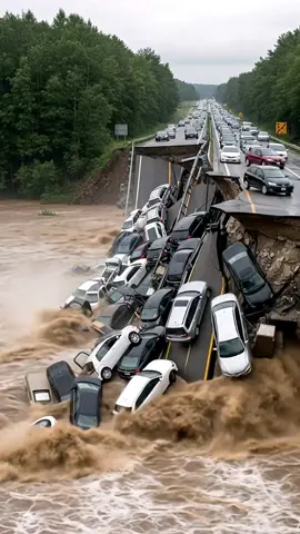 Highway Collapses as Cars Swept Away by Massive Flood! #disasterstrucks #fyp #viral #foryou #foryoupage