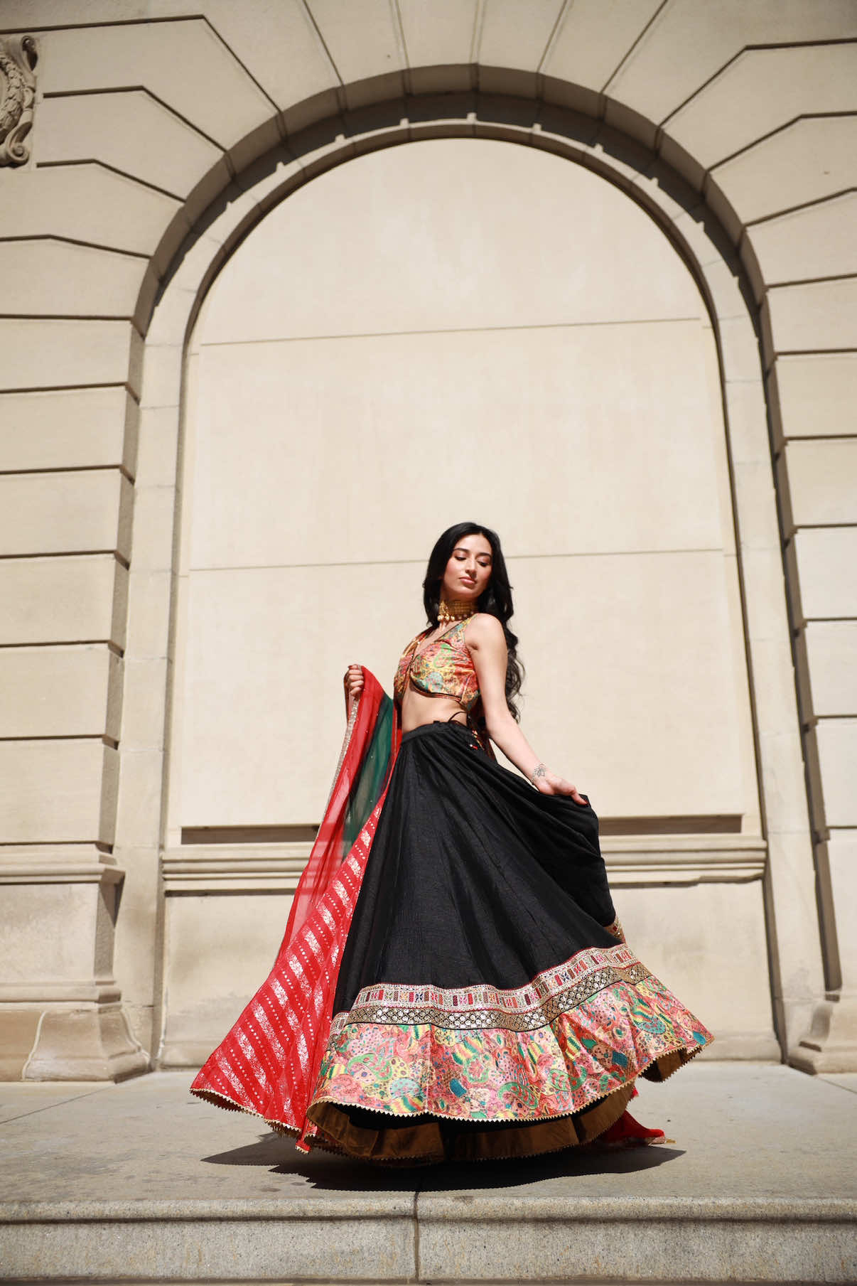 Grace in motion 🌺✨ The Aira Multi Colour Full Flare Chaniya Choli captures the rhythm of garba, flowing effortlessly with every twirl. For the spins you love and the memories you keep 🌼 #AlwaysRaas #TwaritaByRaas #Lehenga #Garba #Navratri