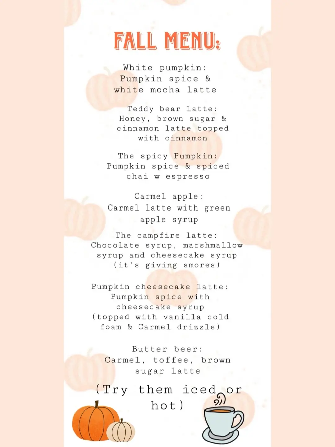 If I was a coffee shop this would be my fall menu☕️🍂 🍁 (-sincerely an ex barista) #coffee #barista #coffeeshop #pumpkinspicelatte 