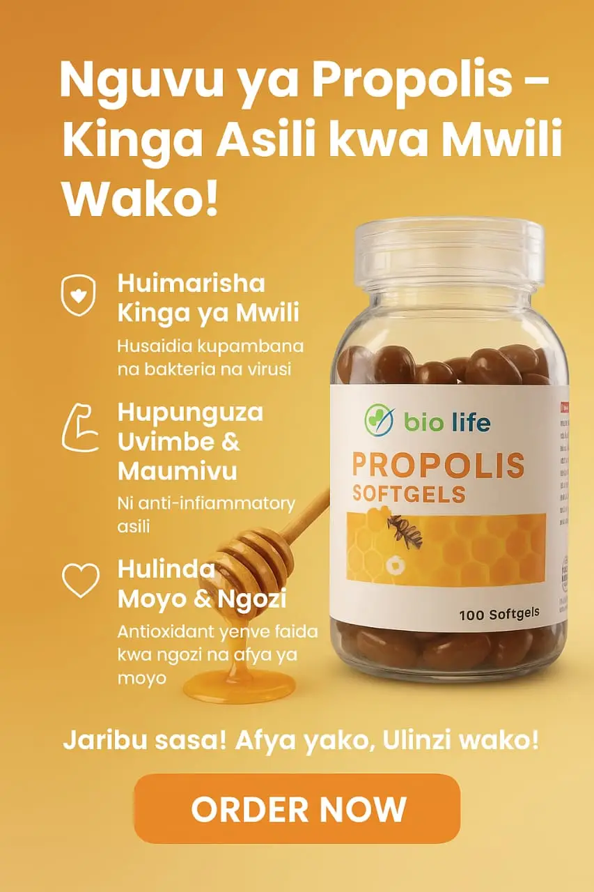 🟠 Nguvu ya Asili kwa Afya Yako! 🐝 Je, unajua? Propolis ni gundi ya asili inayotengenezwa na nyuki, yenye virutubisho na antioxidants kwa afya bora! ✨ Faida Kuu za Propolis: ✅ 🛡 Huimarisha Kinga ya Mwili – Inakusaidia kupambana na bakteria & virusi. Ina uwezo wa Kupambana na virusi sugu walio shindikana ✅ 💪 Hupunguza Uvimbe & Maumivu – Ni anti-inflammatory asili. ✅ ❤️ Hulinda Moyo & Ngozi – Antioxidant yenye faida kwa ngozi na afya ya moyo. Jaribu sasa! Afya yako, Ulinzi wako! 📦 Inapatikana sasa kwa bei nafuu! Elfu 65. Wasiliana nasi kwa namba 💚Arusha kaloleni mnara wa Mwenge 0766607688  💚Dar es salaam Goba njia nne 0688820050  💚Dodoma Makole National housing 0676025526 💚Mbeya Soweto Kona ya Uhai 0741788718 💚 Morogoro Masika 0784397001 💚Mwanza Buhongwa 0682034530 💚Zanzibar Darajani maduka ya simu 0779477004 #PropolisPower #AfyaAsili #Kingayako #BioLife #WellnessJourney 