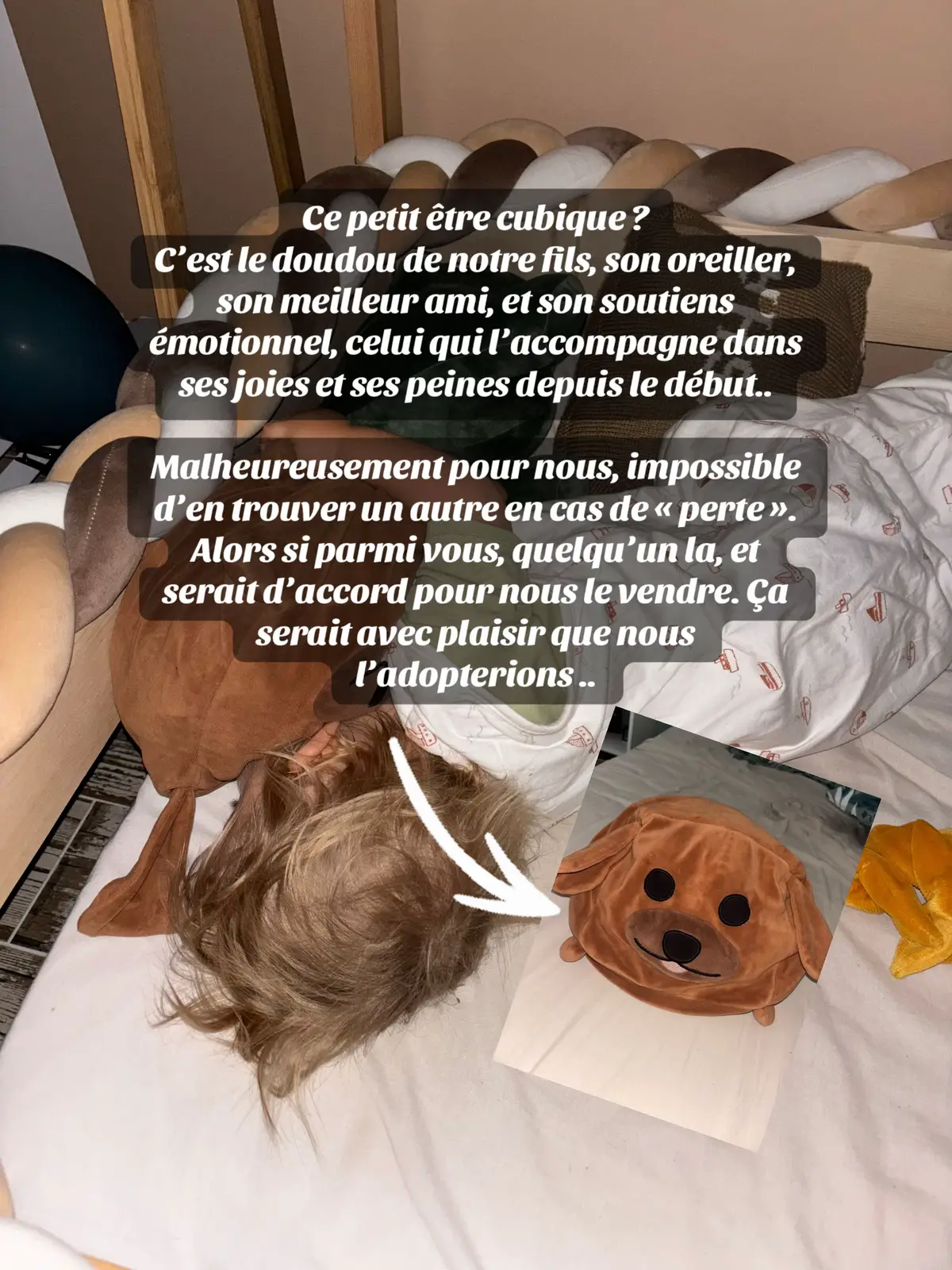 #peluche #doudou #help #doublon #enfant  Nous sommes actuellement à la recherche de ce jolie petit oreiller, malheureusement il n’existe plus en vente, et impossible pour nous d’en trouver un sur les sites de 2de main, mais on ne perd pas espoir.  Notre petit bout Sasha y tiens plus que tout au monde, alors si peut être un de vous la et n’en veut plus, nous serions ravie de l’accueillir au seins de notre famille. 