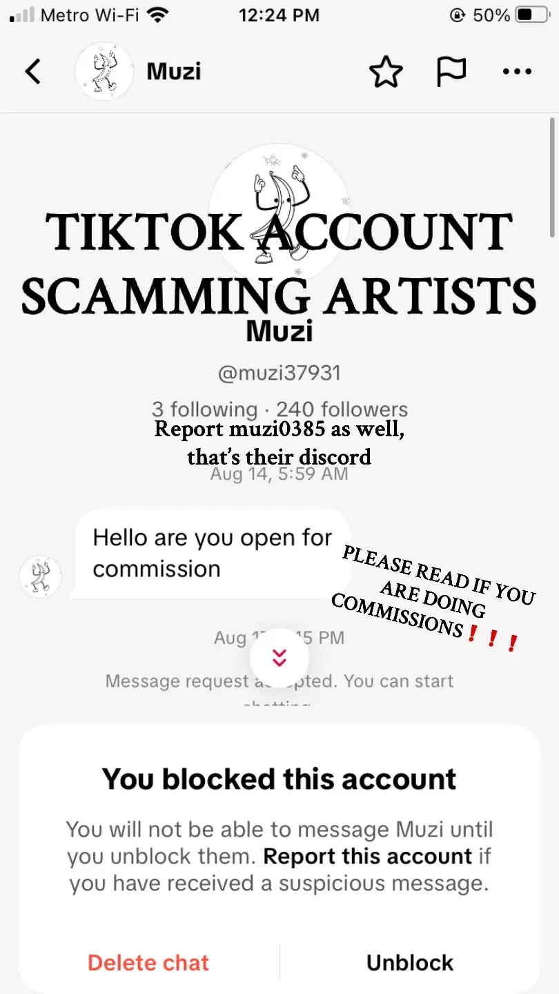 Everyone please be careful and immediately block this account if you haven’t received anything from them yet. They disguise themselves as someone wanting a commission from you and turn it around where you pay THEM. I wanted to post this reel as a notice and to show how weird and funny some of the conversations went lol but in the end, don’t fall for it! I had sent a lengthy message apologizing if I’m wrong but thinking they’re a scammer and they immediately stopped responding to me as quick as they were prior. Report their discord if you can too! I have faith a lot of us artists can recognize these scams but to avoid having your time wasted I advise to just ignore, report, then block if you see something off. Anyway with all that being said, commissions are open! 😂 #scam #commissionscam #discordscam 