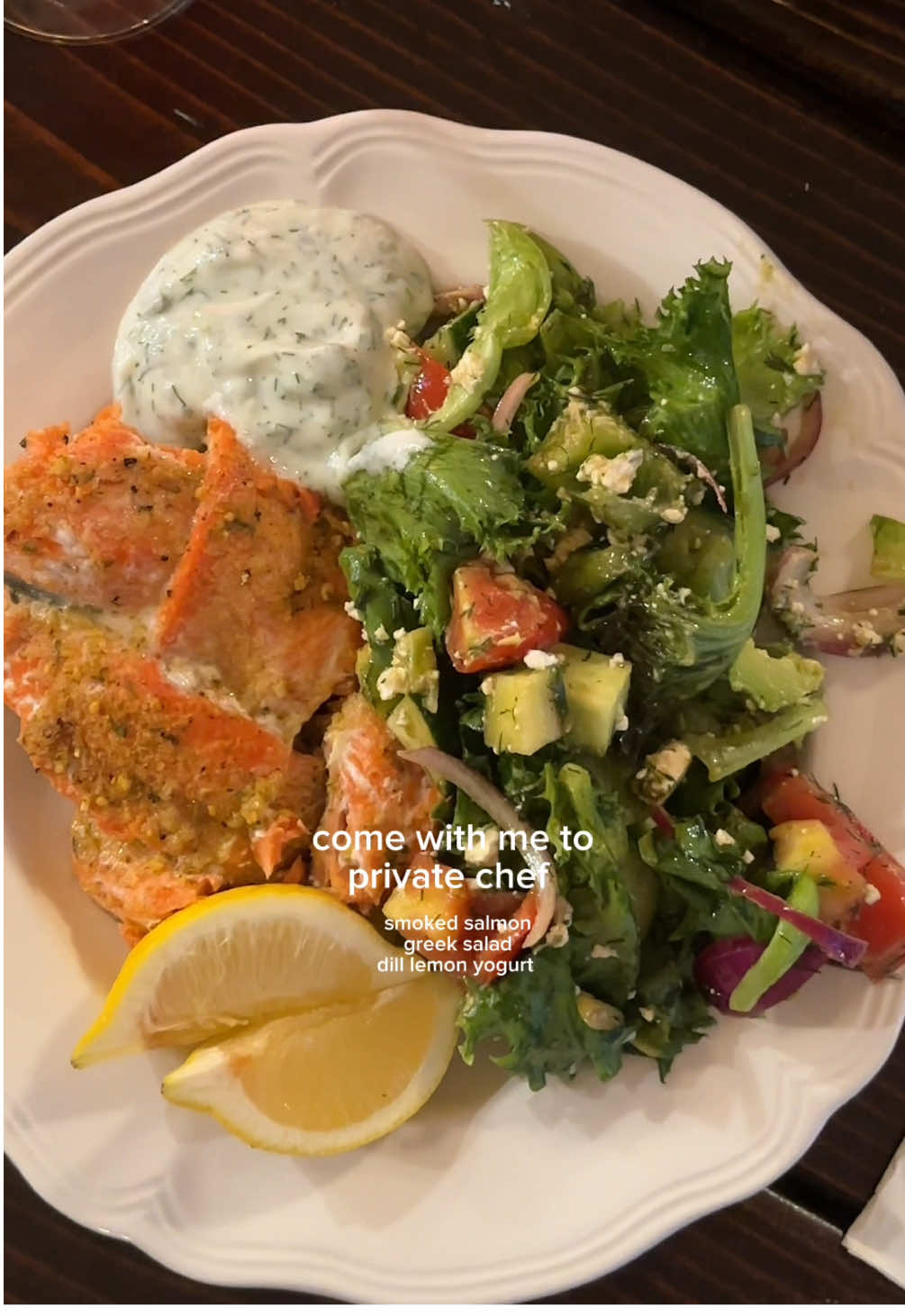 Smoked Salmon, a Greek-Inspired Salad, and Lemony Dill Yogurt Sauce 🐟🥄🍅 #cooking #athomecooking #DinnerIdeas #Foodie #cozycooking 