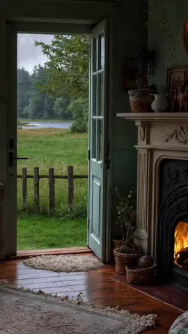 Omg! These cottage are so beautiful and peacefuly 😌 Do you like cottage like this? With a style vintage, a lot details, cozy atmosphere and view by the fields 🥰 Just imagine stay inside this cottage in a rainy day, the sound of rain outside to combination perfectly with the soft crackling fireplace sound created a most relaxing ambience 🌧️🫶  If you like cottage house, rainy days, the sound of rain and fireplace ambience. Follow us for more relaxing videos! ✨🥰 #rain #rainyday #cottage #relaxingvideos #calmingsounds 