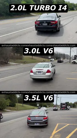 Honda Accord 2.0L Turbo vs 3.0L V6 vs 3.5L V6! Which one sounds best with a MUFFLER DELETE? Vote below! . Check out our website>>>exhaustaddicts.com . DM us for prices and info! . Call us at 615-612-6244! . Located at Discount Muffler & Custom Exhaust Nashville, TN! . #exhaustaddicts 