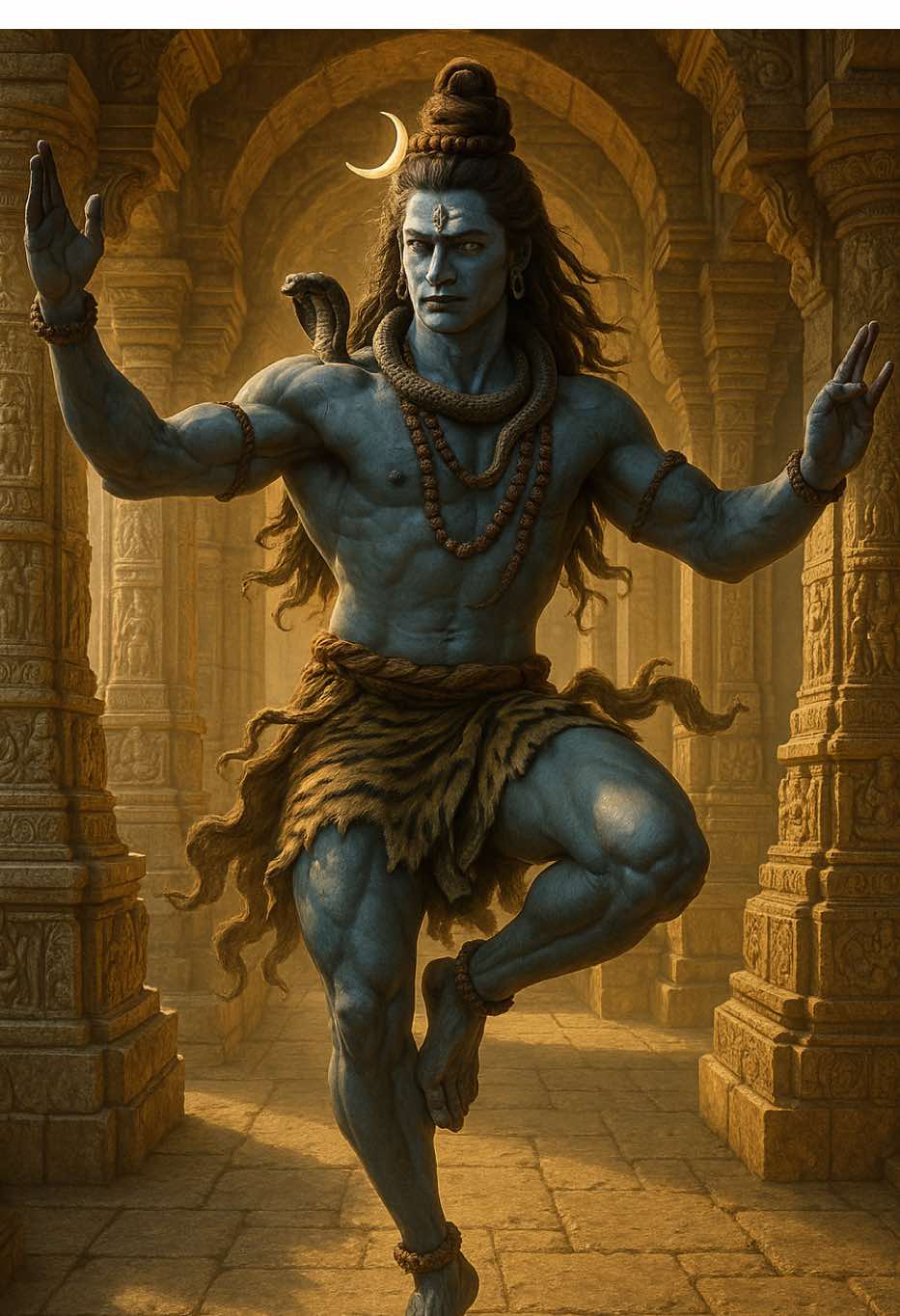 Lord Shiva in the Divine Tandava | Cosmic Dance of Creation & Destruction 🔱 This image captures the awe-inspiring moment of Lord Shiva performing the Tandava, the dance that symbolizes both the rhythm of creation and the power of dissolution. His bluish-gray skin, radiant crescent moon, serpent of wisdom, and tiger-skin cloth embody the union of fierce energy and serene compassion. Each detail—the rudraksha beads across his chest, the blazing yet compassionate eyes, the uplifted leg, and the extended mudras—reflects the boundless cosmic force of the Mahadeva. The golden light pouring through the carved stone pillars of the ancient temple bathes the scene in divine radiance, illuminating the eternal presence of Shiva—the destroyer of illusion, the guardian of truth, and the eternal witness of existence. This is not just an image; it is an invitation into timelessness, a reminder of the sacred dance in which the entire universe moves. ✨ If you use any of my images, texts, or videos, please give credit by mentioning me as well. ⸻ #shiva #tandava #lordshiva #mahadeva #shivashakti #cosmicdance #spiritualart #hindumythology #divineenergy #shivabhakti #shivaism #ancienttemple #sacredart #ananduniverse