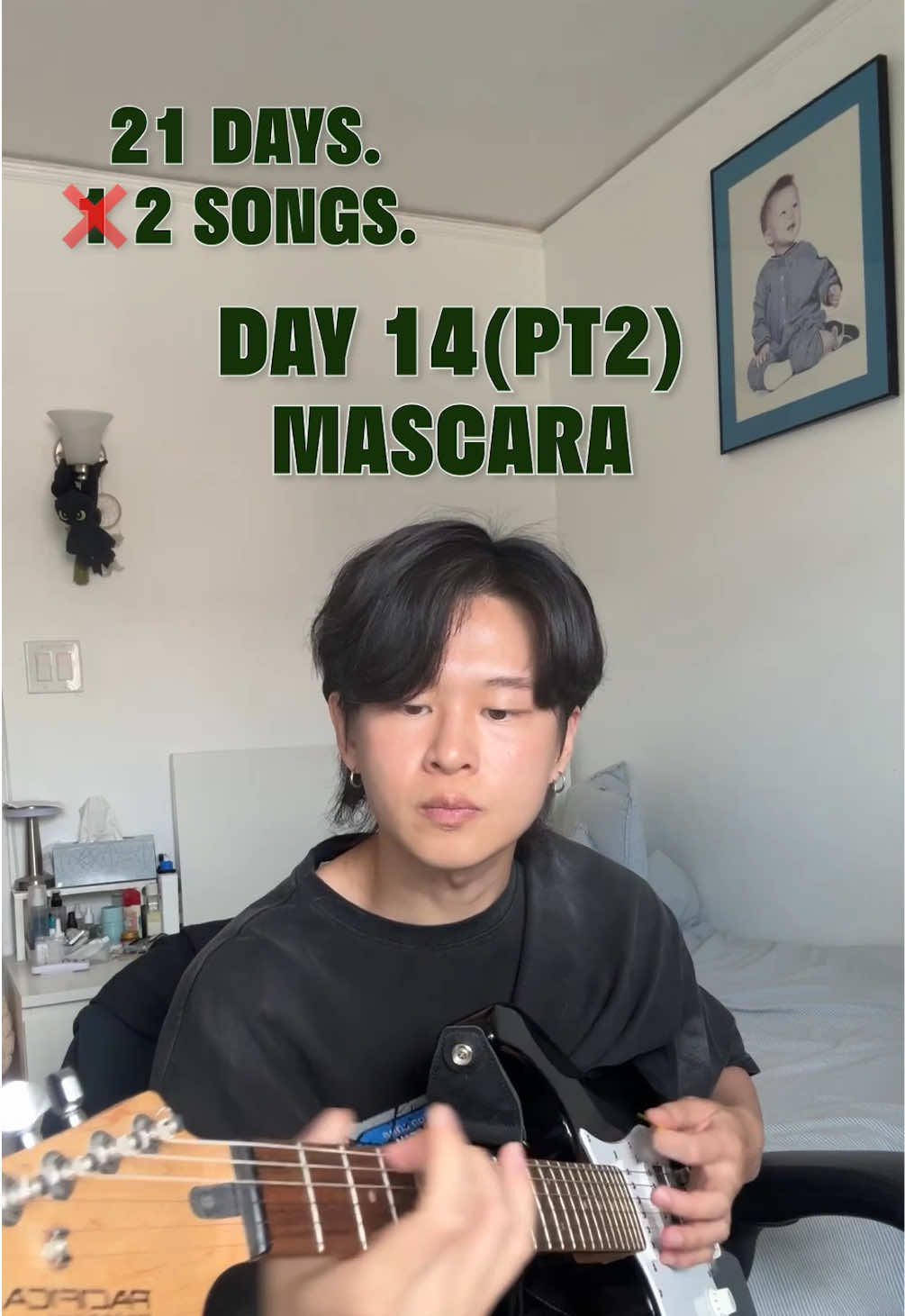 Day 14. Mascara done ✅ My best attempt, practiced a few times a day. Improvements since I started this song are: internal clock, tighter transitions, improved rhythm, hitting only required notes, and playing with less mistakes. Doing a perfect attempt is quite difficult so im trying to minimize mistakes now, before I usually just let em slip by but I dont think thats a great long term solution.  Follow along to see whats next!  #sunkedsun #guitarjourney #guitarchallenge #deftones #transformation  
