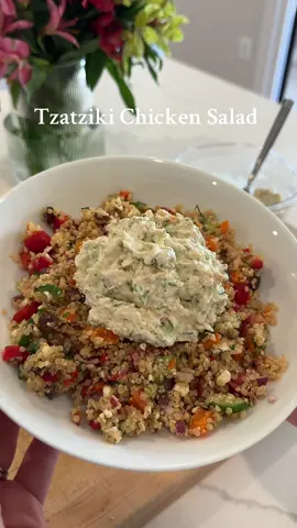 Tzatziki Chicken Salad 😍 what you need: 2 mini cucumbers  1 cup plain Greek yogurt  Handful fresh dill  1 1/2 tsp honey or sugar  2 tbsp lemon juice or white vinegar  Salt/pepper  2 tsp extra virgin olive oil  1/2 tsp grated garlic  1 1/2 - 2 cups of shredded chicken  Mediterranean quinoa salad recipe is on my post previous to this! 
