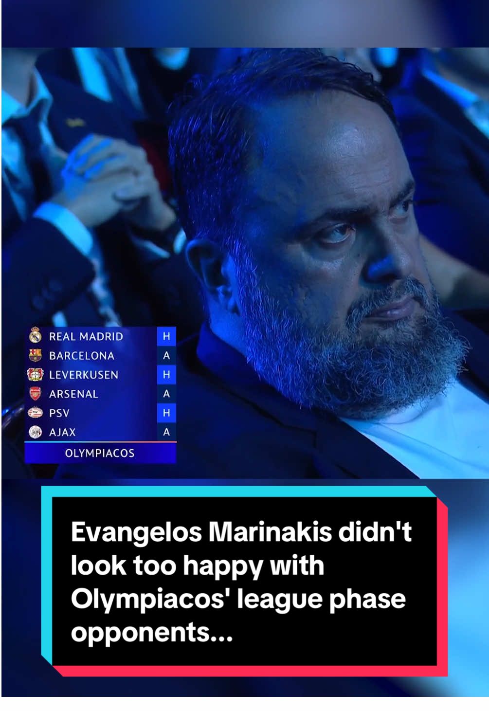Evangelos Marinakis didn't look too happy with Olympiacos' league phase opponents... #championsleague #UCLdraw #ucl 