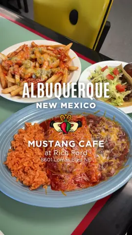 ✨Albuquerque Restaurants✨ Mustang Cafe - Did you know that you can go to Rich Ford for more than just a new car?! 😜 I actually go to eat at the Mustang Cafe! I’ve only had their breakfast which I love! But I figured it was time for me to try their lunch!  WHAT I TRIED: Explorer Plate: tamale, cheese enchilada, beef soft tacos, beans, and rice with red chile $14.09 Chile cheese fries (Christmas) $6.54 BREAKFAST ORDER:  My go-to order for breakfast is the breakfast plate that comes with chorizo, eggs, beans, and hashbrowns… and then I get a pancake on the side.  📍8601 Lomas Blvd NE, Albuquerque, NM 87112