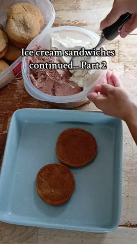 Ice cream sandwiches: Brown Butter Cookies 🍪: * 1 cup (2 sticks)  unsalted butter * 1 cup brown sugar * 1/2 cup granulated sugar * 2 large eggs  * 2 teaspoons vanilla extract  * 1 teaspoon baking Soda * 1 teaspoon salt * 2 and 1/2 cups all-purpose flour 1. First things first. Brown your butter. Heat a pan to medium heat and melt the butter. Then let it boil and stir around until ot turns a deep amber color.  2. Take off the heat and allow the butter to cool down. (About 20 minutes.) 3. Preheat your oven to 350°F. 4. Line a baking sheet with parchment paper. 5. Once the butter has cooled down, add the sugars, eggs, and vanilla extract to the cooled butter. Combine together. 6. Whisk the dry ingredients in a separate bowl. Then, combine the dry ingredients with the wet ingredients. BE CAREFUL NOT TO OVERMIX. 7. You can either scoop your cookies onto a baking sheet or roll them by hand.  8. Bake the cookies for 10-12 minutes. After they are baked, remove them from the oven and allow them to cool. Once they are fully cooled, put them in a storage container and place for 1-2 hours in the freezer. This helps keep the cookies firm when assembling the ice cream sandwiches.  Assembling the ice cream sandwiches: 1. Take the cookies out of the freezer and if any are stuck together, carefully pull them apart. Then, take the icecream out and evenly scoop vanilla and chocolate ice cream onto one cookie. When your done place a second cookie on top. Now you have an icecream sandwich! Repeat with the rest of the cookies.  2. I had to keep putting any ice cream sandwiches I made in the freezer, while making the rest, because they started to melt rather quickly, so I'd suggest for you to do the same thing as well. Leave the icecream sandwiches in the freezer for 1-2 hours or until you see the icecream firm up. Now enjoy!  #summerrecipes #betterthanstorebought #lateaugust #icecream #homemade 