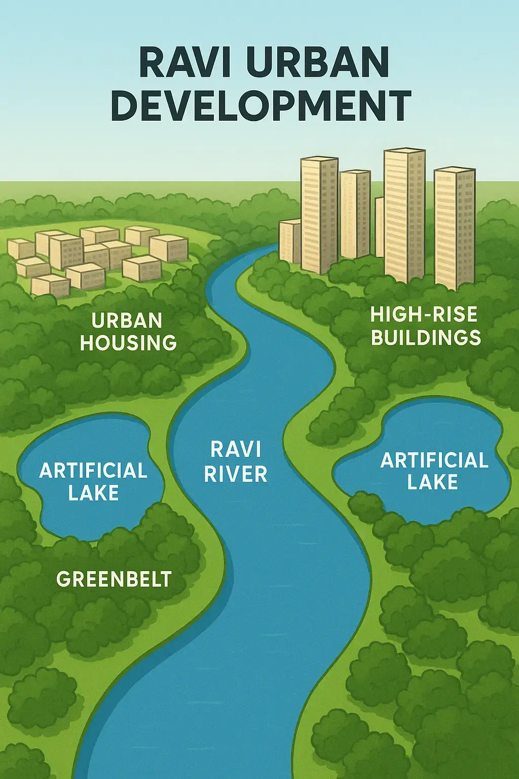 راوی ریور فرنٹ اربن ڈویلپمنٹ پروجیکٹ (Ravi Urban Development Authority - RUDA) دراصل عمران خان کی حکومت نے 2020 میں لانچ کیا تھا۔ اس کا مقصد لاہور کے قریب راوی دریا کے کنارے ایک نیا جدید شہر بسانا تھا، تاکہ لاہور پر بڑھتے ہوئے بوجھ کو کم کیا جائے۔ دریا کے کنارے کیسے آباد کرنا چاہتے تھے؟ 1. دریا کو ری ماڈل کرنا: راوی اصل میں ایک 