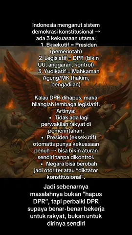 Kalau DPR dipertahankan → tetap ada check and balance, walau sekarang kinerjanya sering mengecewakan. 	•	Kalau DPR dihapus → negara berisiko jadi otoriter, rakyat tidak punya wakil, dan kekuasaan hanya di tangan Presiden & pemerintah. #rakyatbersuara #perbaikidpr 