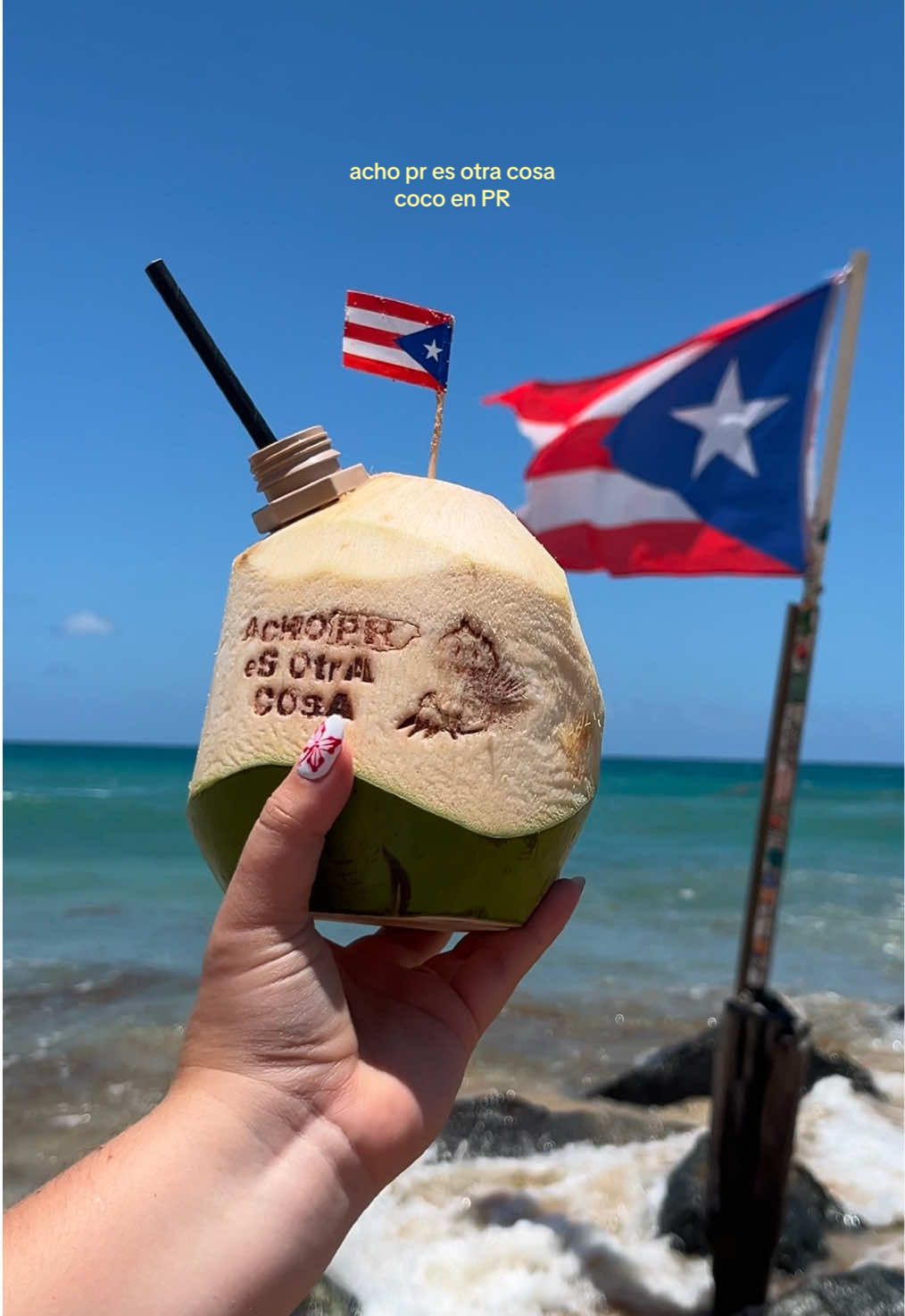 al fin me pude disfrutar el Acho PR ES PTRA COSA COCO! 🥥✨ Busquen el suyo en  📍condado beach puerto rico!  the easiest way to get there it to put the “original pineapple” into your maps and it will take you near the pop up! You won’t miss it there’s flags flying, reggaeton blasting, and a line ofc!  Get your tropical fix you can order these beauties w or without liqaaa added 😋 @vacationmodepr  #puertorico #traveltok #achopresotracosa #badbunny #dtmf 