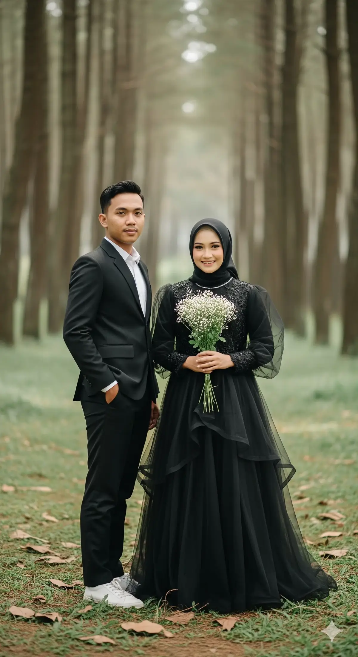 ai prompt: A full body portrait photo of a young Sundanese couple standing side by side in a pine forest with soft natural daylight. The man, 25 years old, has short neat black hair, fair clean skin, wearing a formal black suit with a white dress shirt inside, no tie, and white sneakers. He stands with a confident pose, one hand in his pocket, his body slightly turned to the side but facing forward with a calm expression. The woman, 22 years old, has a soft Sundanese facial structure, fair skin, and wears a black hijab that frames her face. She is dressed in a long flowing black gown with layered sheer fabric and puff sleeves with lace detail. She holds a small bouquet of white wildflowers with green stems in both hands in front of her body, smiling gently at the camera. No additional jewelry or accessories are visible. The background is a serene pine forest with tall vertical trees creating a symmetrical natural frame, slightly blurred with a soft bokeh effect. The ground is covered in fresh green grass with a hint of brown leaves scattered. The lighting is soft and diffused, resembling an overcast day, giving a natural cinematic mood. Photography style: professional engagement or prewedding portrait, vertical 9:16 composition, shallow depth of field, high resolution, natural tones, matte filter with muted greens and warm skin tones, balanced contrast, minimal editing, natural ambiance, no artificial props. #fotostudio #fffffffffffyyyyyyyyyyypppppppppppp #fypシ゚viral #prewedding #hutanpinus 