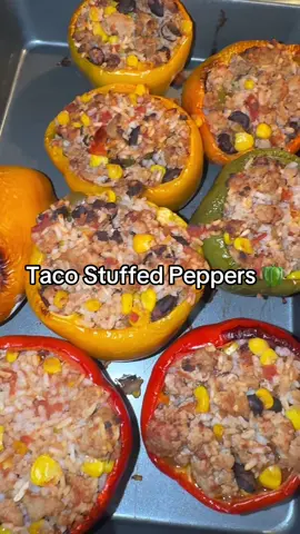By now you should know I measure with my heart but these turned out SO good! Currently not eating dairy but adding cheese + sour cream or plain Greek yogurt after would be 👌  Preheat oven to 400 Cut top off 6 bell peppers + add a little olive oil & bake for 30 mins  While those are baking… Brown 1.5lbs of hamburger or turkey  + taco seasoning  + 1 can corn  + 1 can black beans  + salsa (measure with ❤️) + 1.5C rice 🍚  Fill peppers & cook 25-30 more minutes!  Top with taco sauce 🔥  #fallrecipes #stuffedpeppers #healthymeals #tacostuffedpeppers 