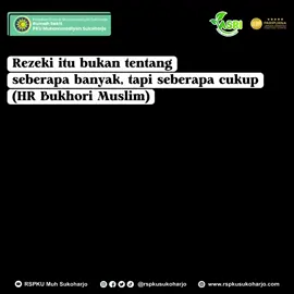 Ketenangan bukan datang dari angka di dompet atau saldo di layar, tapi dari hati yang merasa cukup dan yakin bahwa rezeki sudah diatur sebaik-baiknya oleh Allah SWT.  Rasa kurang sering muncul karena kita terlalu sering melihat ke atas, padahal bahagia itu hadir saat belajar bersyukur dengan apa yang ada. Tetap sehat dan bahagia bersama Rumah Sakit PKU Muhammadiyah Sukoharjo🩷🩷❤️❤️🙏🙏