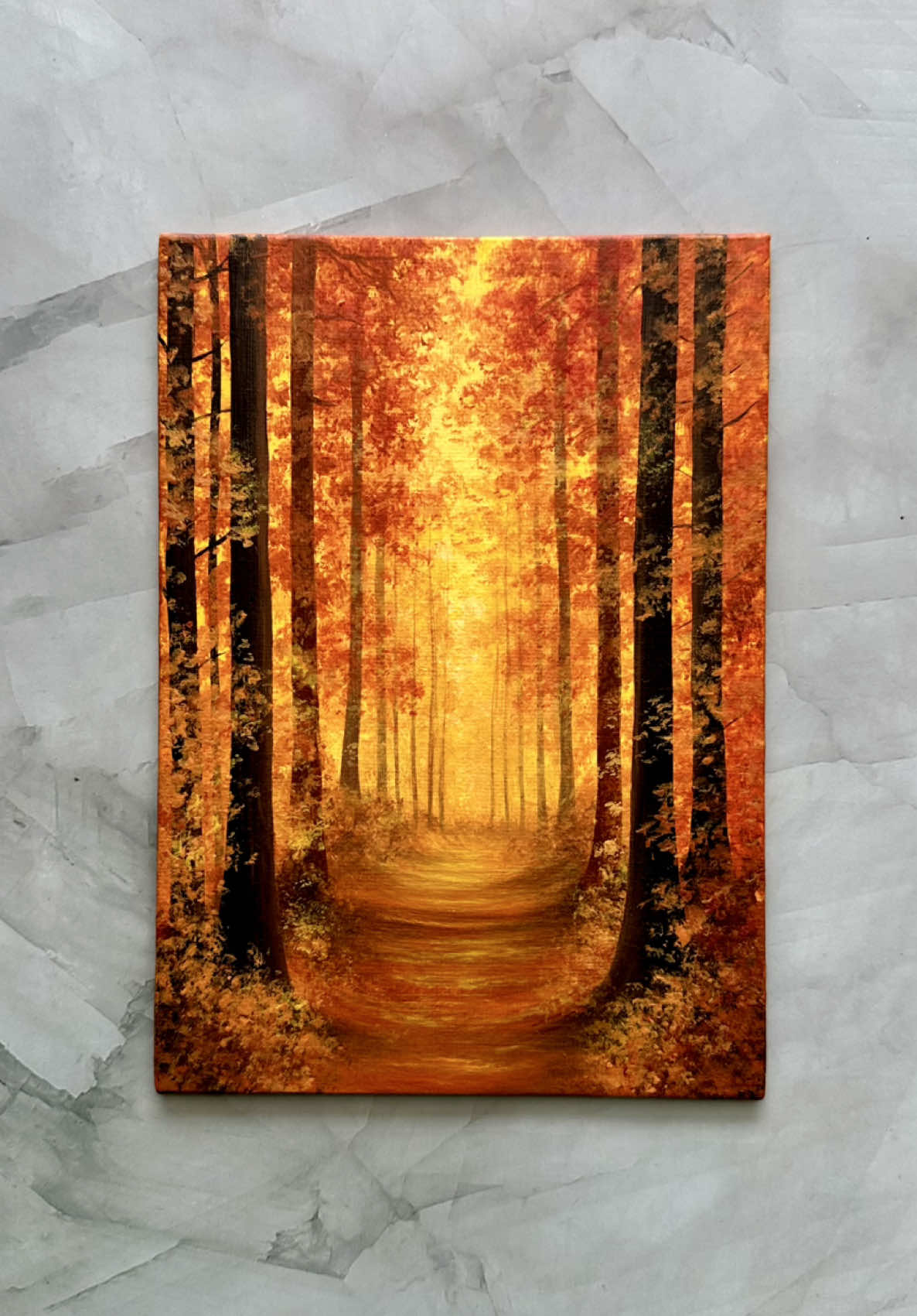 golden passage 🍂🧡🌳✨ a glowing forest path painted in warm fall hues—would you wander down this golden path? 🍁 💛 save this for your fall painting inspo 🎨: orange, brown, red, black, white, bright yellow #fallvibes #fallart #artprocess #aestheticart #artistsoftiktok 