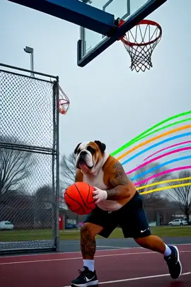 #Grok A bulldog basketball player, flying through the air, about to dunk the ball, outside, with neon colors and colors streaming behind the ball to show motion, featuring tattoos. Kinetic art, pop art